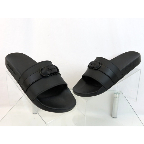 FERRAGAMO GROOVE 10 BLACK LEATHER STRAP GANCINI RUBBER LOGO SANDALS SLIDES 13 M - Picture 5 of 14